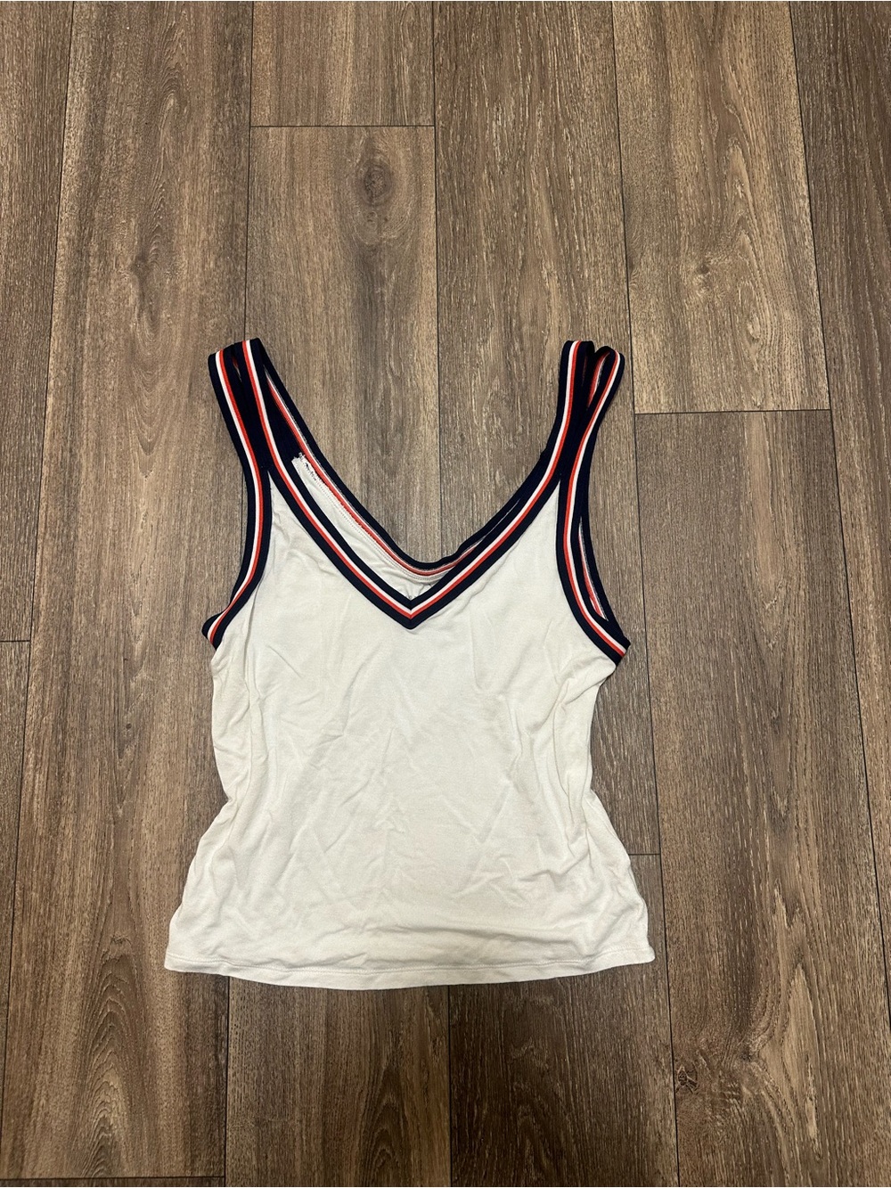 American Eagle Outfitters White V-Neck Tank with Navy and Red Stripe Trim